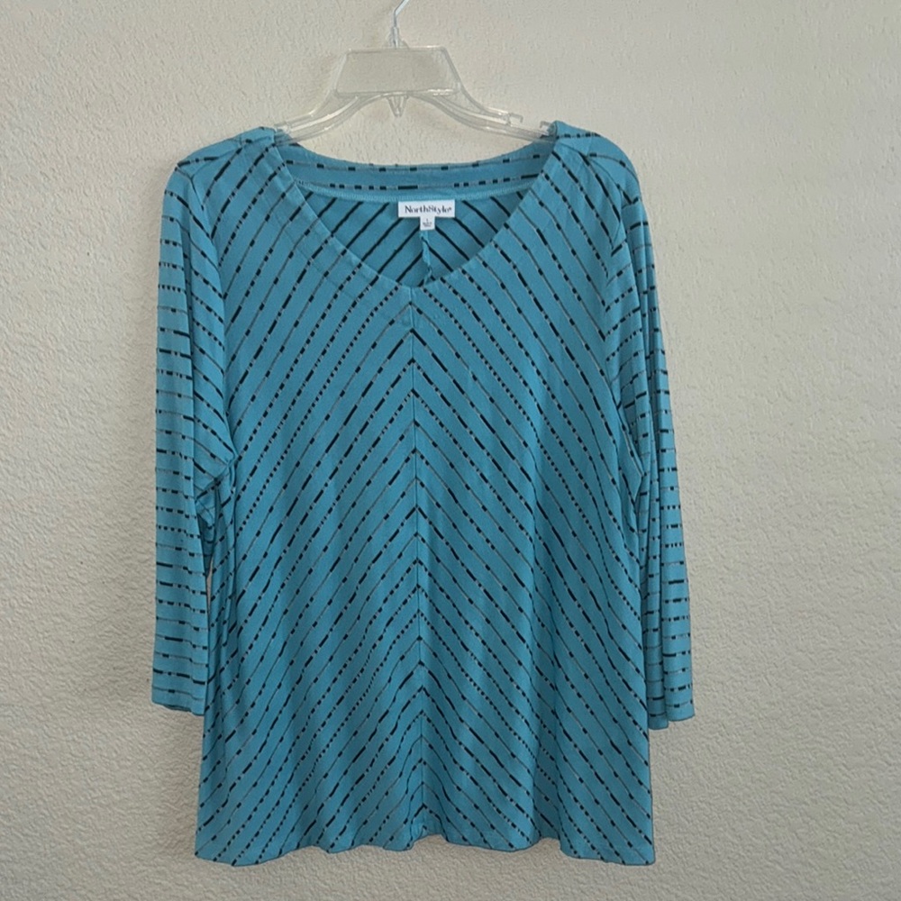 NorthStyle Teal and Black Striped V-Neck Top